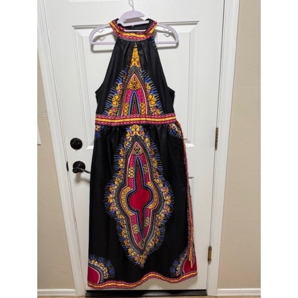 Lapogee halter top A line tribal boho maxi dress with pockets XL